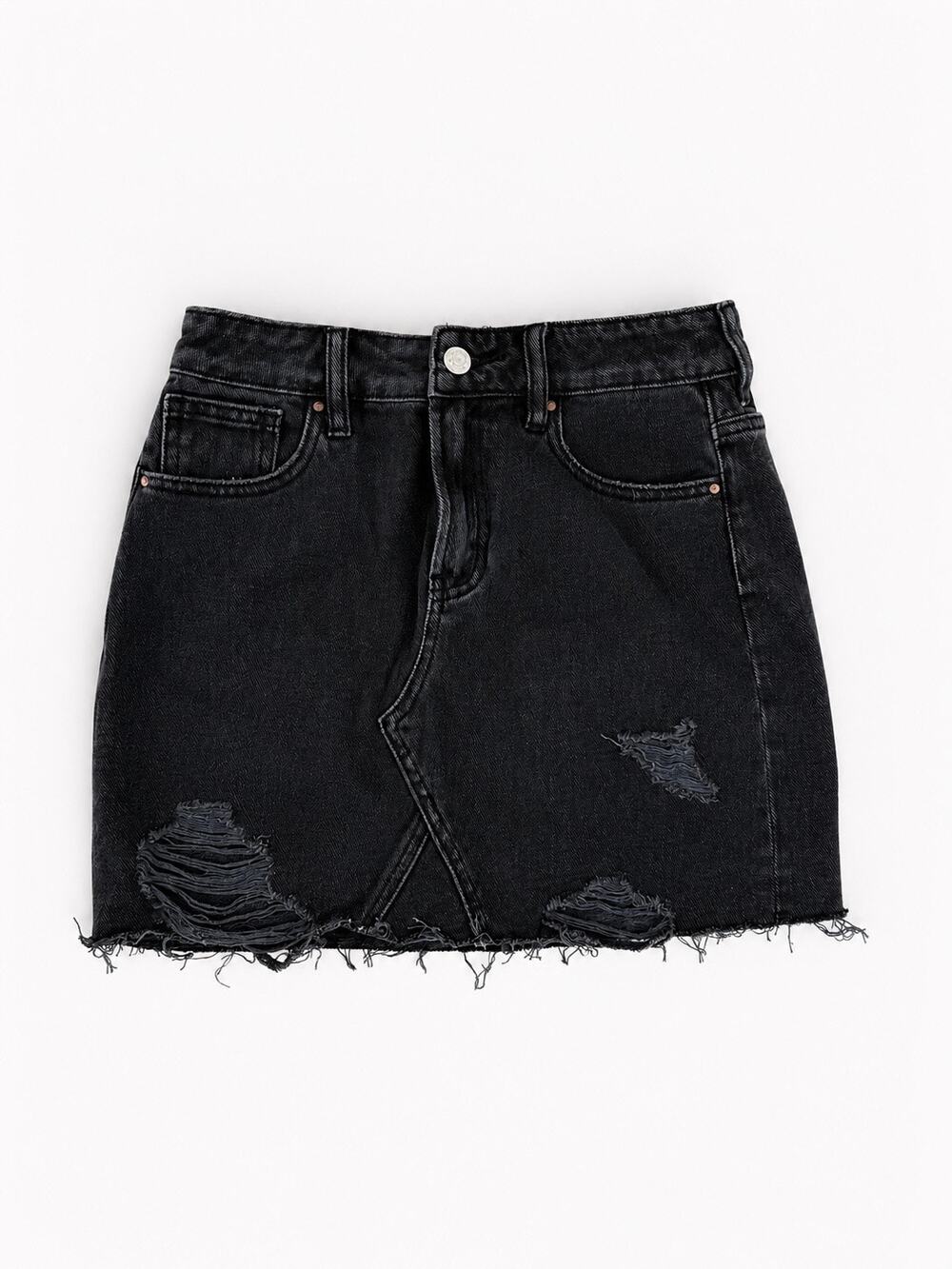 PacSun Black Distressed Denim Mini Skirt | Raw Hem High Rise Size 24